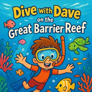 Pode incluir: Ilustração de um menino de desenho animado mergulhando na Grande Barreira de Coral. O menino usa uma máscara de snorkel, snorkel e barbatanas, cercado por peixes coloridos, corais e uma tartaruga. O texto diz "Dive with Dave on the Great Barrier Reef."