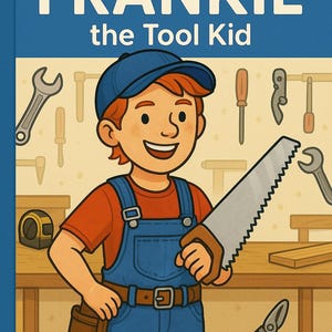 May include: Illustration of a smiling cartoon boy in blue overalls and a cap, holding a saw. The image has the text "Fix It with FRANKIE the Tool Kid" at the top. Tools like a wrench, screwdriver, and pliers are in the background.