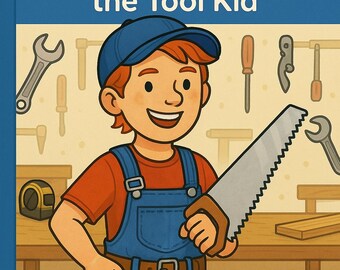 Könnte beinhalten: Illustration eines lächelnden Cartoon-Jungen in blauen Overalls und einer Mütze, der eine Säge hält. Das Bild trägt den Text "Fix It with FRANKIE the Tool Kid" oben. Werkzeuge wie ein Schraubenschlüssel, ein Schraubendreher und eine Zange sind im Hintergrund.