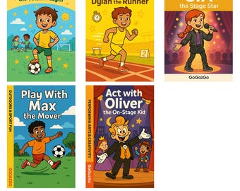 Könnte beinhalten: Eine Sammlung von fünf Kindergeschichten mit farbenfrohen Illustrationen. Die Titel lauten "Train with Tyler", "Discipline with Dylan", "Sing with Sia", "Play with Max" und "Act with Oliver". Die Bücher haben Themen wie Sport, Outdoor-Spaß, darstellende Kunst und Kreativität.