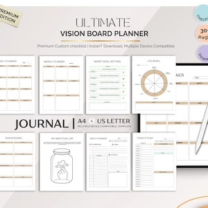 Vision Board Planner Printable and Digital | Goal Setting Journal, Dream Life Manifestation Template, Law of Attraction Workbook.