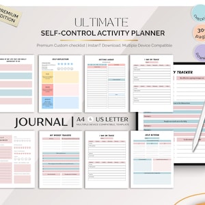 Puede incluir: Un planificador digital de actividades de autocontrol con un diseño minimalista. El planificador incluye páginas para la autorreflexión, el seguimiento y la definición de objetivos. El texto "ULTIMATE SELF-CONTROL ACTIVITY PLANNER" se muestra en la parte superior.
