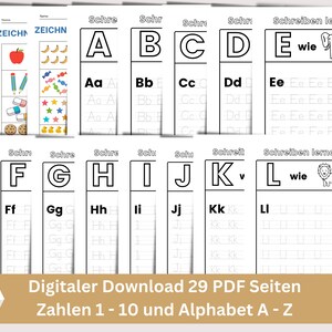 May include: Black and white printable worksheets for learning the German alphabet. Each page features a large capital letter, a smaller lowercase letter, and lines for practicing writing the letter. The worksheets also include a picture of an animal that starts with the letter.