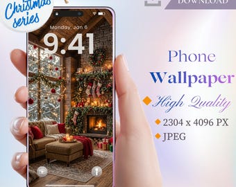 Cozy Christmas Cabin Phone Wallpaper – Hygge Holiday Fireplace (Digital Download)