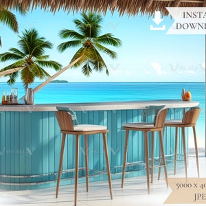 May include: A blue and white bar with three wooden bar stools, set against a tropical beach scene with palm trees and turquoise water.  The image is 5000 x 4000 pixels and is a JPEG.