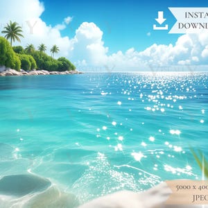 Op de afbeelding: Een digitale afbeelding van een tropische strandscène. Het turquoise water glinstert onder een helderblauwe lucht met witte wolken. Weelderige groene vegetatie en palmbomen omzomen de kust. De tekst "INSTANT DOWNLOAD" is zichtbaar.