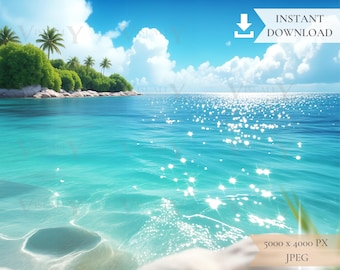 Fondo digital de verano del Egeo, fondo de mar, fondo de arena, tumbona, playa tropical, diseño fotográfico, maqueta, descarga digital JPG