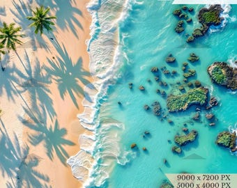 Digital Tropical Beach Background, Tropical Beach Wall Art, Aerial Ocean View Print, Paradise Island Decor, Coastal Beach Artwork