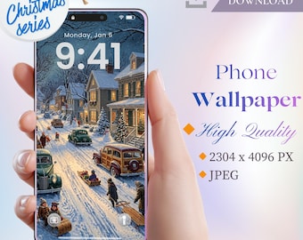 Vintage Christmas Village Phone Wallpaper – Snowy Winter Scene (Digital Download)