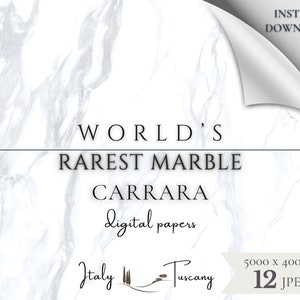 May include: A digital paper pack featuring 12 high-resolution images of Carrara marble, the world's rarest marble, from Tuscany, Italy. Each image is 5000 x 4000 pixels.