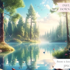 Enchanted Magical Forest and Lake, Digital Paper, Di , Virtual Background, Digital Backdrop for Composites, Scrapbooking, Spring background
