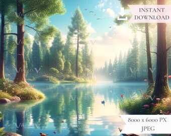 Fondo digital del lago del bosque encantado, escena primaveral mágica (archivo JPG)