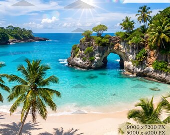 Tropical Beach Paradise Digital Download, Ocean Wallpaper, Summer Coastal Wall Art, Exotic Island Background, Printable Decor, 4K 8K JPEG