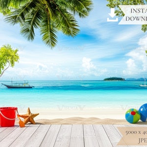 Digitale strandachtergrond, zeeachtergrond, zeespeelgoed voor kinderen, zandspeelgoed, tropisch strand, fotoontwerp, mock-up, digitale jpg-download