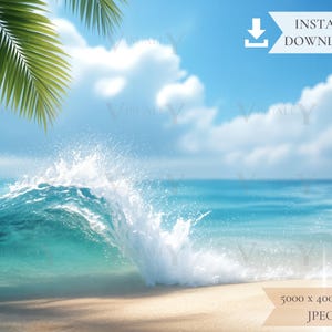 Peut inclure: Illustration numérique d'une scène de plage tropicale. Une vague turquoise s'écrase sur une plage de sable sous un ciel bleu clair avec des nuages blancs et duveteux. Des palmes encadrent le coin supérieur gauche. Le texte "TÉLÉCHARGEMENT INSTANTANÉ" est dans une bannière blanche.
