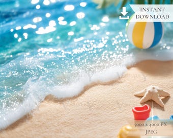 Tropical Beach Digital Background, Sea Foam, Sand Toys (JPG Digital Download)