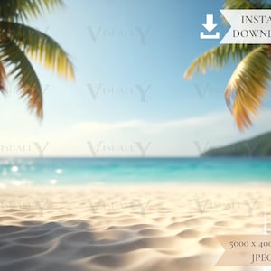 Op de afbeelding: Een serene strandscène met zacht, wit zand op de voorgrond, dat overgaat in turquoise wateren en een heldere blauwe lucht. Palmbomen omlijsten het uitzicht, met een banner met "INSTANT DOWNLOAD". De afbeelding is gelabeld "5000 x 4000 PX JPEG".