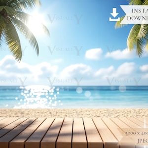 Peut inclure: Scène de plage ensoleillée avec une terrasse en bois au premier plan. Des palmiers encadrent le ciel bleu et l'océan. Le soleil brille et l'image contient le texte "INSTANT DOWNLOAD".