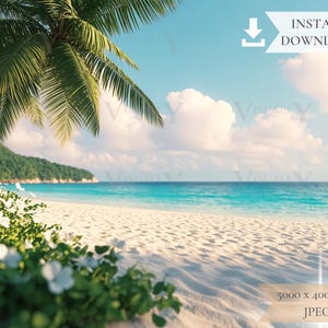 Könnte beinhalten: Eine tropische Strandszene mit weißem Sand, türkisfarbenem Wasser und einem klaren blauen Himmel mit flauschigen weißen Wolken. Eine Palme und grünes Laub umrahmen den Strand. Der Text "INSTANT DOWNLOAD" ist sichtbar.