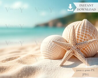 Digital Beach Sea Star Background, Sea Backdrop, Sea Foam, Sunny, Tropical Beach, Sea Toys, Mock Up, JPG Digital Download