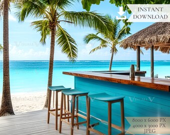 Tropical Beach Bar Digital Background, Sea View (JPG Digital Download)