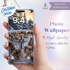 Può includere: Un telefono mostra un paesaggio invernale con alberi innevati e una scena di balcone. L'ora visualizzata è 9:41. L'immagine è etichettata come "Serie natalizia" e "Sfondo del telefono". L'immagine è di alta qualità, 2304 x 4096 PX, e JPEG.
