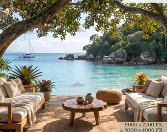 Tropical Beach House Scene, Coastal Luxury Decor, High-Resolution JPEG (Digital Download)