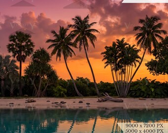 Tropical Paradise Wall Art, Sunset Beach Print, Palm Tree Ocean Artwork, Coastal Printable Decor Download