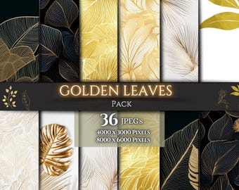 Golden Leaves Digital Paper Pack - 36 Elegant Leaves Backgrounds | High-Resolution JPGs | 5000x4000 & 8000x6400 px | Gold Leaf Textures