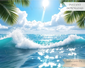 Tropical Beach Wave Digital Background, Palms, Sea Foam (JPG Digital Download)