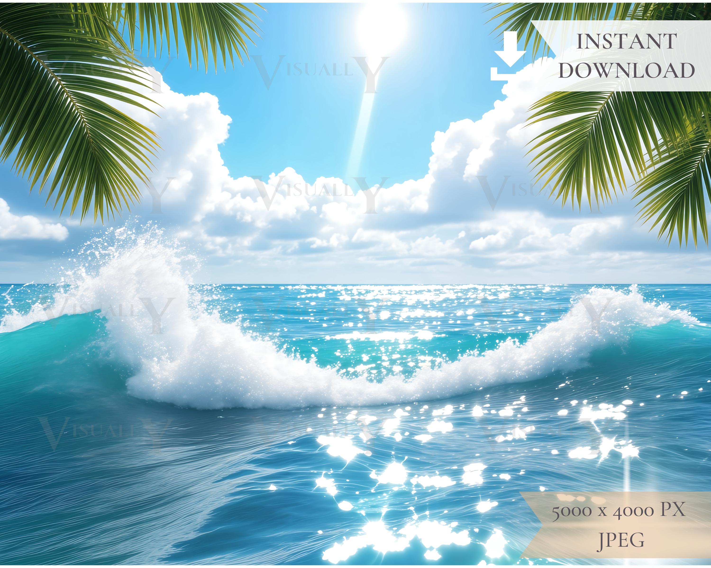 Tropical Beach Wave Digital Background, Palms, Sea Foam (JPG Digital ...