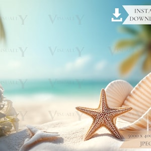 Pode incluir: Uma cena de praia serena com uma estrela do mar, conchas e flores brancas em uma praia arenosa. O fundo apresenta um oceano turquesa, céu azul e palmeiras. Inclui o texto "INSTANT DOWNLOAD".