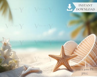 Digital Beach Sea Star Shell Background, Sea Backdrop, Sea Foam, Sunny, Tropical Beach, Sea Toys, Mock Up, JPG Digital Download