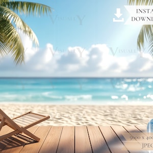 Digital Summer Background, Sea Backdrop, Sand Backdrop, Sunbed, Tropical Beach, Photo Design, Mock Up, JPG Digital Download