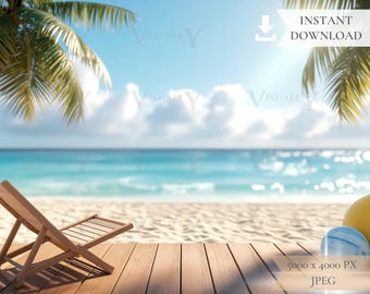 Digital Summer Background, Sea Backdrop, Sand Backdrop, Sunbed, Tropical Beach, Photo Design, Mock Up, JPG Digital Download