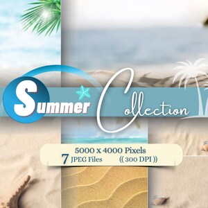 May include: A digital collage of seven summer beach images. The images feature white sand, blue water, palm trees, seashells, and a starfish. The text "Summer Collection" is written in a white cursive font on a blue background.