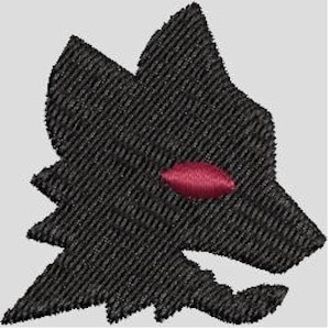 Pode incluir: Silhueta de cabeça de lobo preta com um olho vermelho. A cabeça do lobo está virada para a direita.