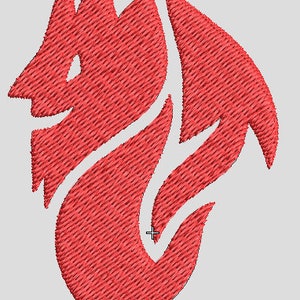 Può includere: Un designo di fiamma stilizzato rosso con una forma curva.