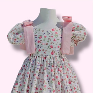 Girls Cotton Dress – Floral Puff Sleeves, Pink Ribbon Straps and Ruffle Hem | Toddler & Little Girl Handmade Outfit| Birthday Dress