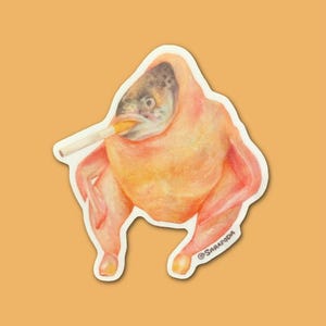 May include: A sticker featuring a surreal illustration of a raw chicken body with a fish head, holding a lit cigarette in its mouth. The artwork is rendered in shades of peach, pink, and grey, with the text @SARAPODA printed near the bottom edge.
