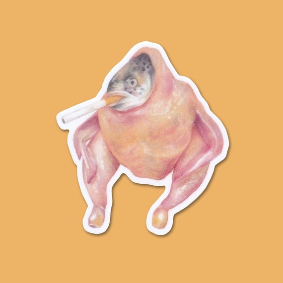 chicken fish cigarette The Bayou This product is intended for age 8 and up 3" Sticker | Smoking Fish