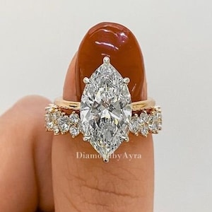 4 CT Vintage Marquise Engagement Ring Set 14K Rose Gold Moissanite Ring Set Hidden Halo Ring with Marquise and Round Diamond Band Bridal Set