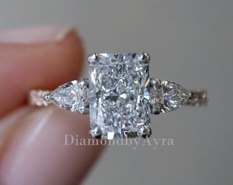 2.5 CT Radiant Cut Moissanite Three Stone Engagement Ring Side Stone Pear Cut Wedding Ring 14K Solid Gold Anniversary Ring Promise Ring Gift