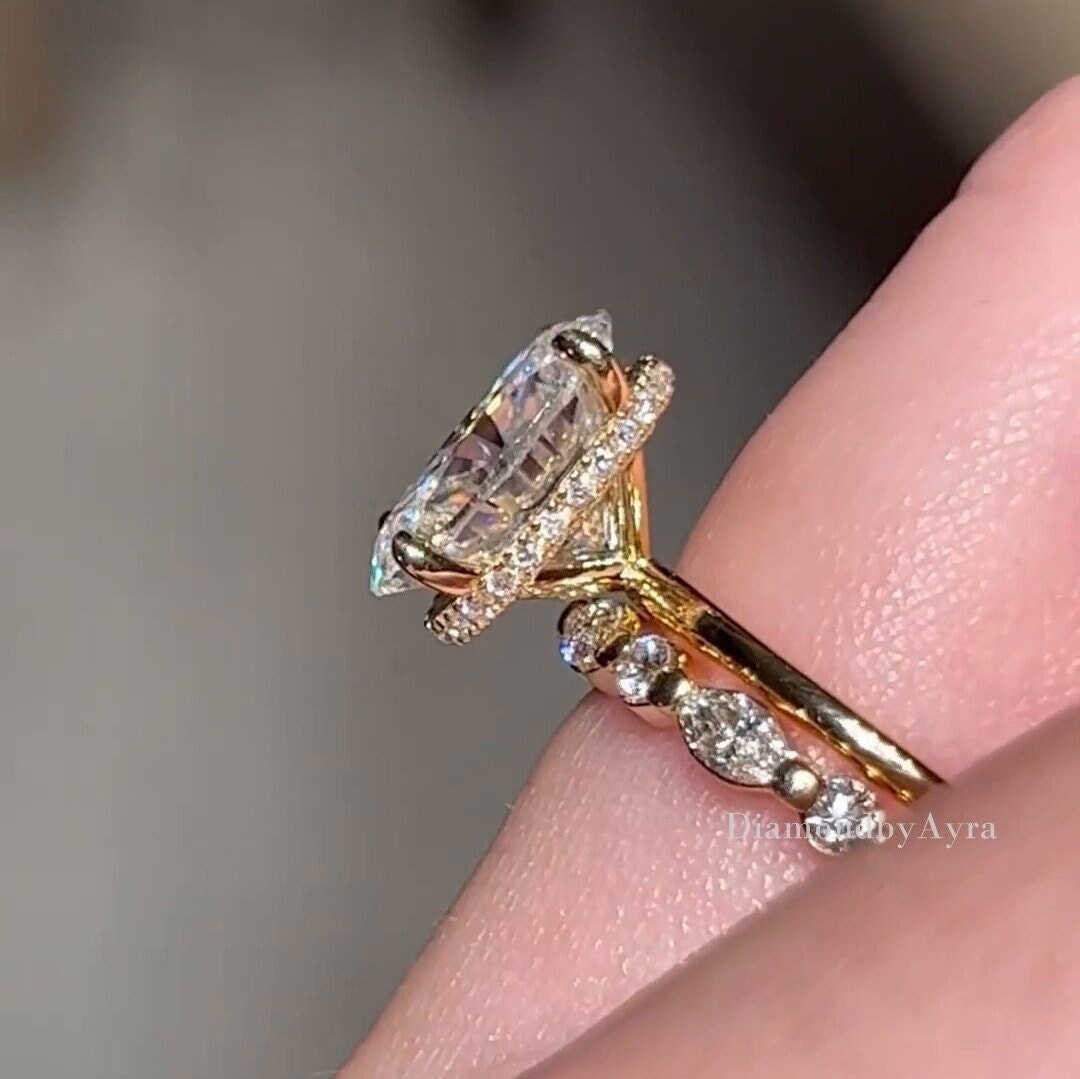 3 CT Oval Cut Moissanite Engagement Ring Set 14K Solid Gold Bridal Ring ...