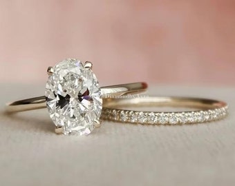 2 Ct Oval Cut Moissanite Wedding Ring Set Moissanite Engagement Ring Set Vintage Bridal Set With Full Eternity Matching Band 14k Gold Ring