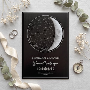 Può includere: Una stampa rettangolare nera con una mappa stellare circolare e una luna crescente. Il testo recita A LIFETIME OF ADVENTURE, Dave and Lauren Wagner, 5998 Alcala Park, San Diego CA 92110, 16-07-2005. Sotto i nomi sono presenti fasi lunari.