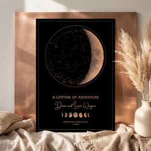 Peut inclure: Une affiche rectangulaire noire présentant une carte des constellations et une lune de couleur cuivre. Le texte indique A LIFETIME OF ADVENTURE, Dave and Laura Wagner, 5998 Alcala Park, San Diego CA 92110, 7-16-2005, avec un cycle lunaire.