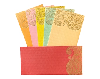 Metallic Shagun envelopes Pack of 24 - 4 Envelopes each of 6 Vibrant colors with Gold leaf foil printing (Single Color Check in Variations)