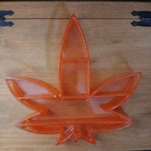 May include: An orange, leaf-shaped shelf made of transparent material. The shelf has multiple compartments and is designed to be mounted on a wall. The shelf is set against a wooden background.