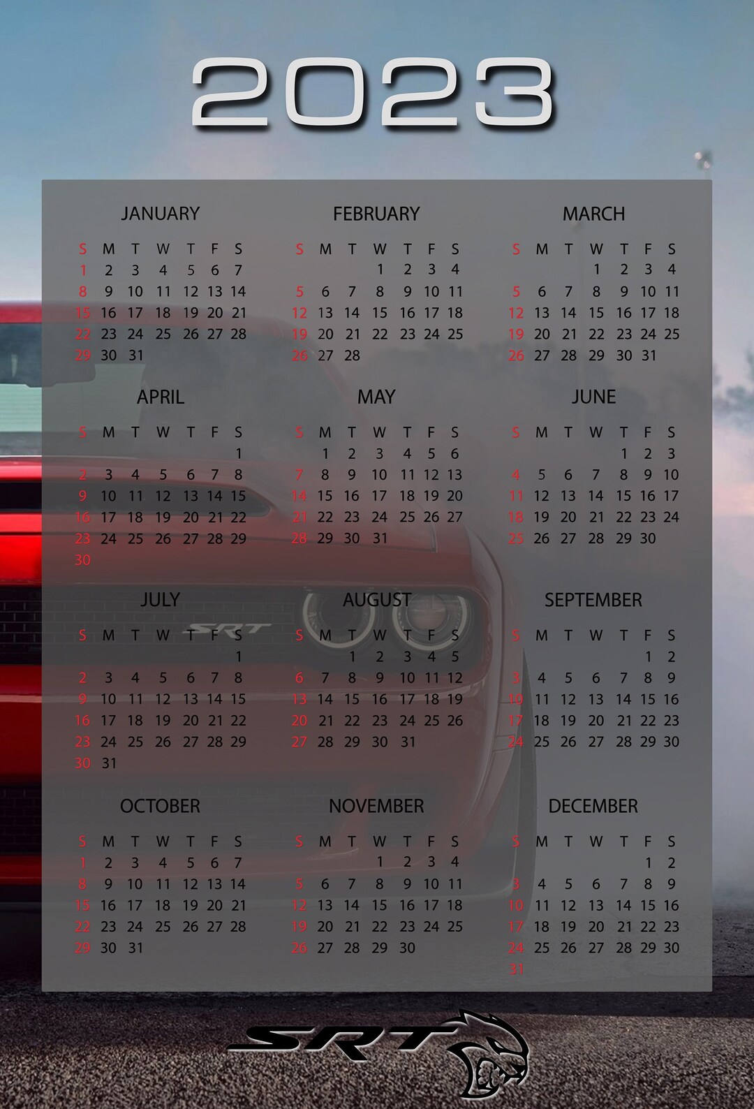 Calendar 2023 Dodge Challenger SRT Hellcat Digital Content Etsy